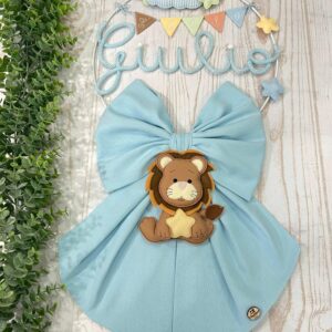 Fiocco Nascita Bimbo Azzurro con Nome in Tricotin e Leone con Stella