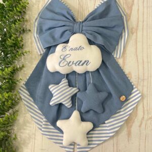 Fiocco Nascita Bimbo Azzurro e Bianco con Ricamo Nome