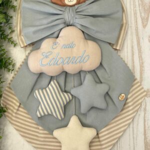 Fiocco Nascita Bimbo Nuvola e Mandorla con Ricamo Personalizzato e Orsetto