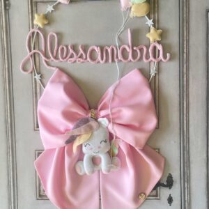 Fiocco Nascita Rosa con Nome in Tricotin, Palloncini e Unicorno