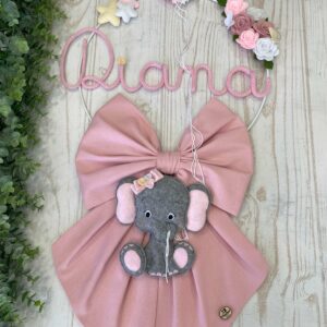 Fiocco Nascita Bimba Rosa con Nome in Tricotin, Elefante e Fiori