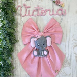 Fiocco Nascita Rosa con Nome in Tricotin, Elefante e Frase Personalizzata