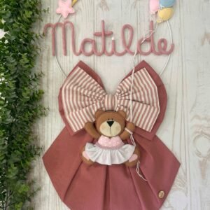 Fiocco Nascita Terracotta con Nome in Tricotin e Orsetta Ballerina