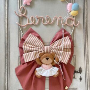 Fiocco Nascita Terracotta con Nome in Tricotin e Orsetta Ballerina