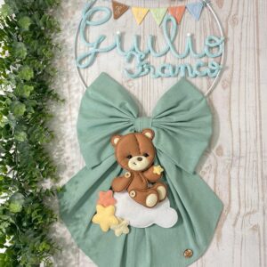 Fiocco Nascita Bimbo Verde Menta 703 con Nome in Tricotin e Orsetto su Nuvola