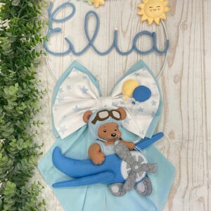 Fiocco Nascita Bimbo Azzurro con Doppio Fiocco, Nome in Tricotin e Orsetto Aviatore