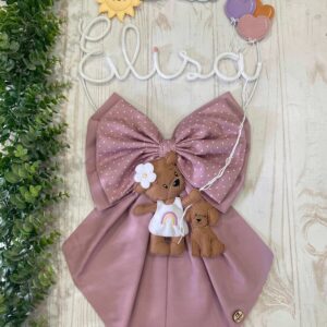 Fiocco Nascita Bimba Rosa Antico con Nome in Tricotin, Orsetta e Cagnolino