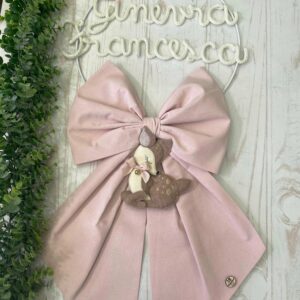 Fiocco Nascita Bimba Rosa con Due Nomi in Tricotin, Fiori e Cerbiatto