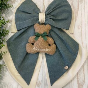 Fiocco Nascita Verdone e Panna con Orsetto e Nome Ricamato