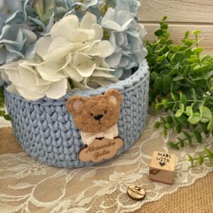 Cestino Tondo in Crochet Azzurro Polvere con Orsetto