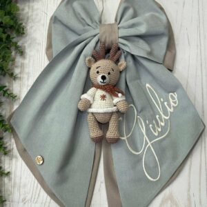 Fiocco Nascita Nuvola e Nocciola con Ricamo Nome e Renna in Amigurumi