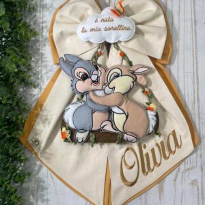 Fiocco Nascita Panna e Senape con Ricamo Nome e Tamburino & Miss Bunny