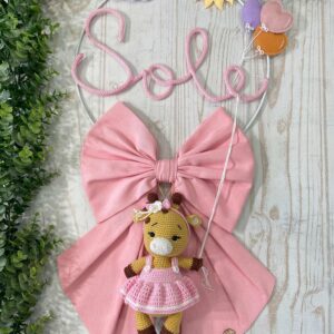Fiocco Nascita Rosa con Nome in Tricotin e Giraffa in Amigurumi