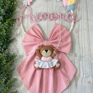 Fiocco Nascita Rosa con Nome in Tricotin, Macramè e Orsetta Ballerina
