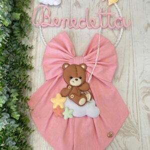 Fiocco Nascita Bimba Rosa con Nome in Tricotin, Macramè e Orsetto su Nuvola