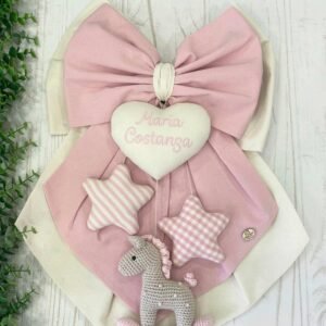 Fiocco Nascita Rosa Baby e Panna con Cuore Ricamato, Stelle e Cavallino in Amigurumi