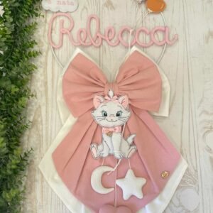 Fiocco Nascita Bimba Rosa Antico con Doppio Fiocco, Nome in Tricotin e Minou